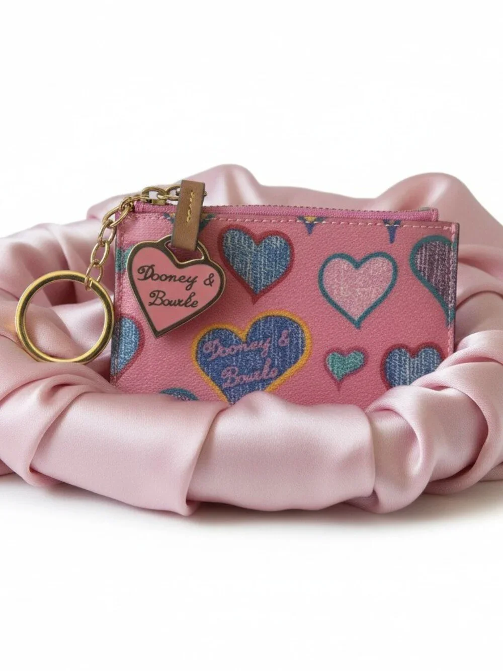 Dooney & Bourke Pink Heart Print Card & Key Pouch with Gold Ring Charm